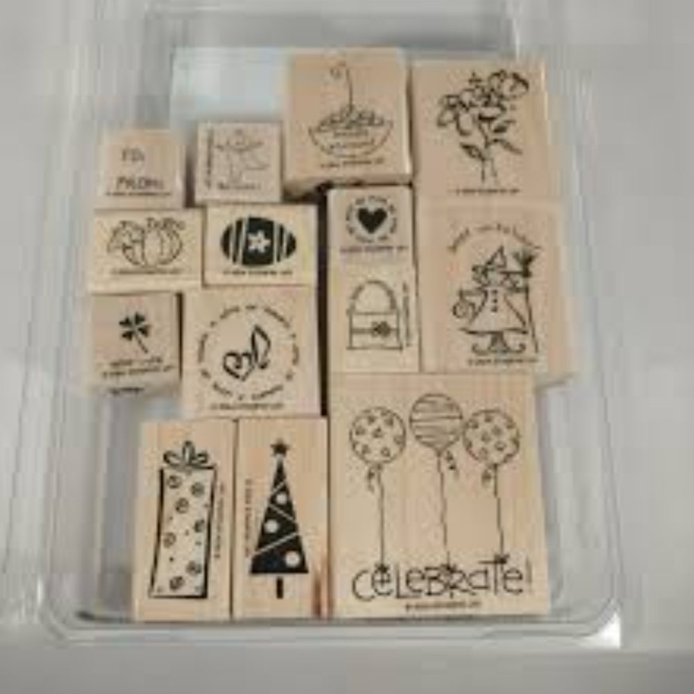 Stampin' Up Tag Time Balloons Tree Gift Egg Witch Set of 13 Wood Mount Stamp